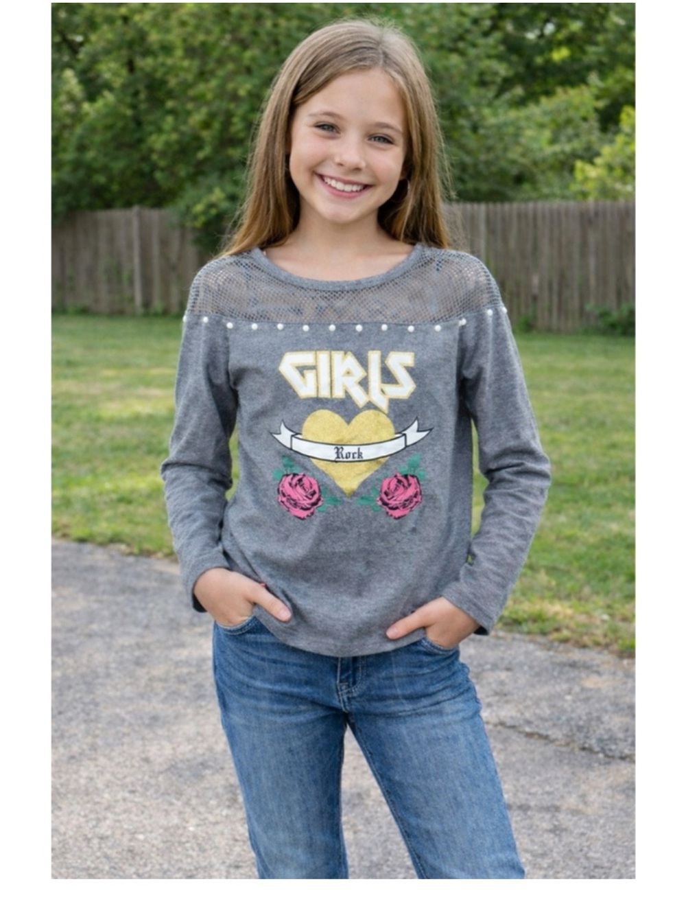 Girls' Gray Long-Sleeve Tee with Gold Heart and Pink Rose Detail